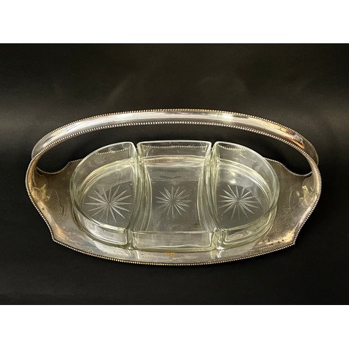 41 - Silver plate carry tray fitted with three cut crystal  tray insets, approx 17cm H x 37cm W x 20cm D