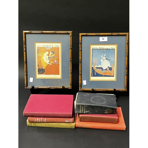 55 - Vintage books and two framed Vogue framed prints, prints 18cm x 12cm each