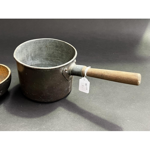 116 - Antique copper sauce pan with wooden handle along with a brass melting bowl?, approx 17cm Dia and sm... 