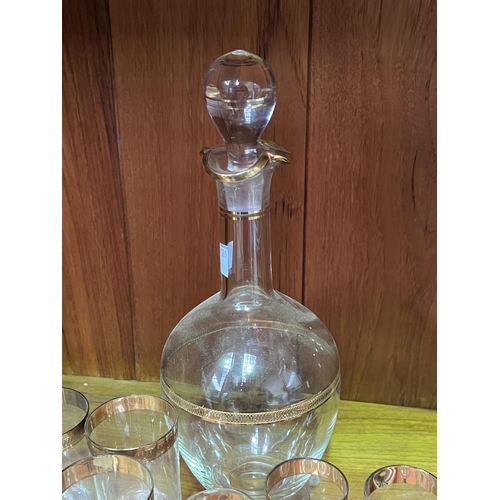 130 - Decanter and glasses, approx 29cm H and shorter