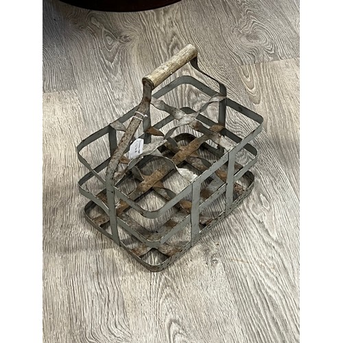 172 - Vintage French gal metal six bottle carry basket, approx 35cm h including handle x 31cm W x 21cm D