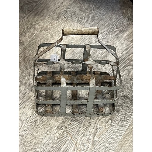 172 - Vintage French gal metal six bottle carry basket, approx 35cm h including handle x 31cm W x 21cm D