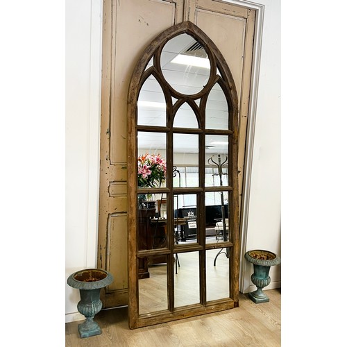 71 - Antique Gothic pine window with later added mirrored back, approx 252cm H x 104cm W