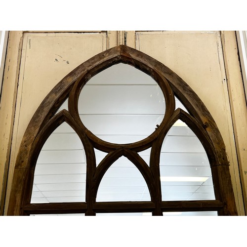 71 - Antique Gothic pine window with later added mirrored back, approx 252cm H x 104cm W