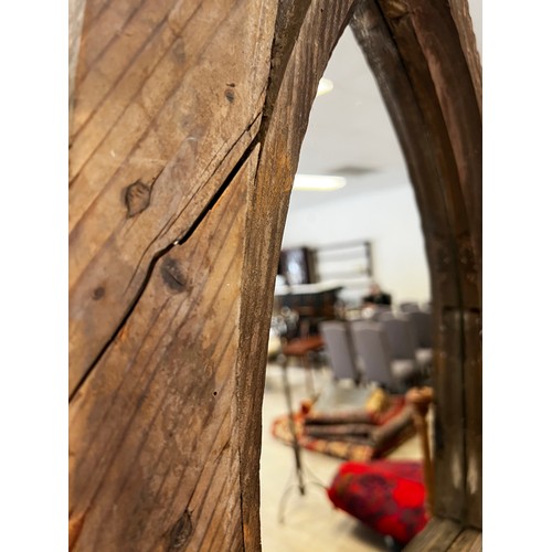 71 - Antique Gothic pine window with later added mirrored back, approx 252cm H x 104cm W