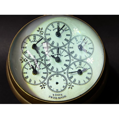6 - Vintage large 8 Day World Time Swiss HES spherical ball brass glass lens timepiece paperweight, miss... 