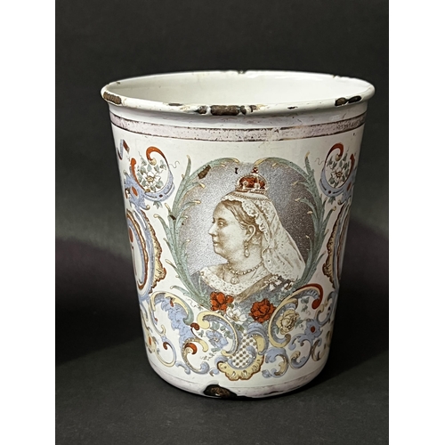 13 - Three antique enamel beakers Queen Victoria 1837-1897 x 2 and Edward and Alexandria 1902, approx 9.5... 