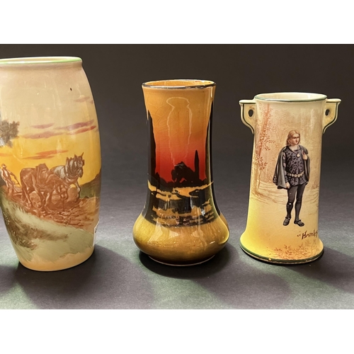17 - Three Royal Doulton vases and John Barleycorn jug, 18cm H and shorter (4)