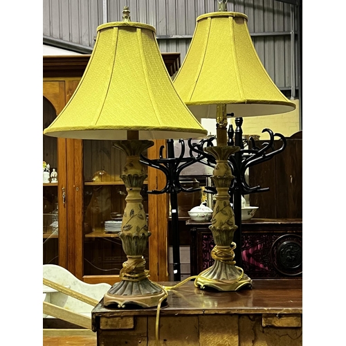 225 - Pair of as new decorative painted composite lamps (2) as new with as new shades, approx 90cm H and s... 