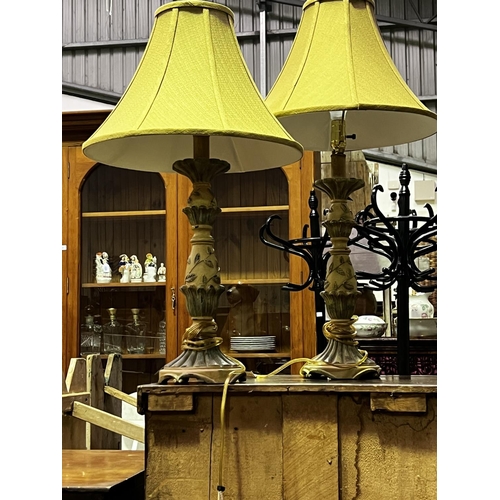 225 - Pair of as new decorative painted composite lamps (2) as new with as new shades, approx 90cm H and s... 