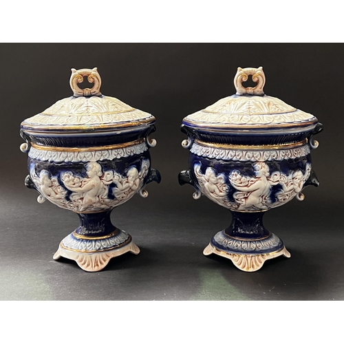 71 - Pair of blue and gilt Italian ceramic lidded urns and two pin dishes, approx 30cm H and smaller (4)