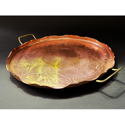103 - Art Nouveau copper twin handle tray, approx 43cm W