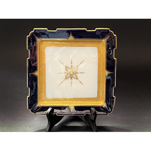 107 - Limoges blue and gilt square dish, approx 21.5cm x 21cm