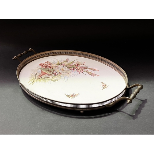 128 - Silver plate surround porcelain tray