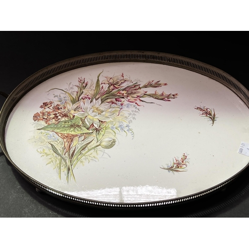 128 - Silver plate surround porcelain tray