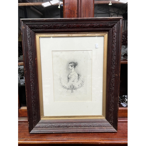 136 - Antique pressed framed print of a young queen Victoria, frame approx 62cm x 51cm