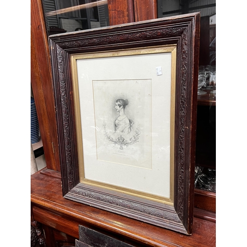 136 - Antique pressed framed print of a young queen Victoria, frame approx 62cm x 51cm