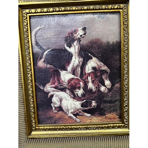 139 - Oleograph of hounds in gilt frame, frame approx 37cm x 42cm
