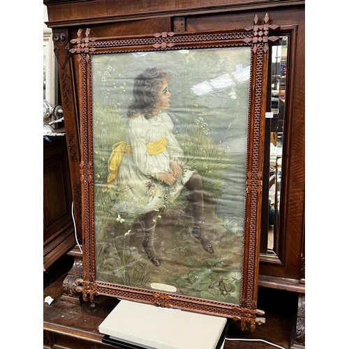 140 - Pears print in tramp art frame, frame approx 102cm x 72cm