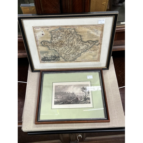 142 - Lithograph and map, frame approx 27cm x 35cm and smaller (2)