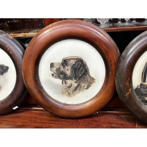 143 - Three antique milk glass painted dogs in circular frames, frame approx 41cm Dia  (3)