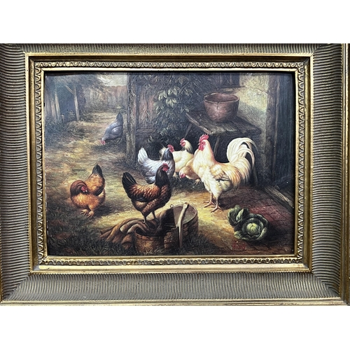 144 - Oleograph of chickens in gilt frame, frame approx 57cm x 47cm