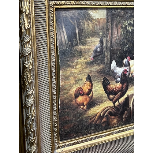 144 - Oleograph of chickens in gilt frame, frame approx 57cm x 47cm
