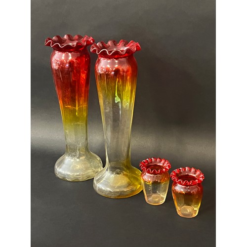 262 - Two pairs of antique French Art Nouveau yellow and red glass vases, approx 32cm H and smaller (4)