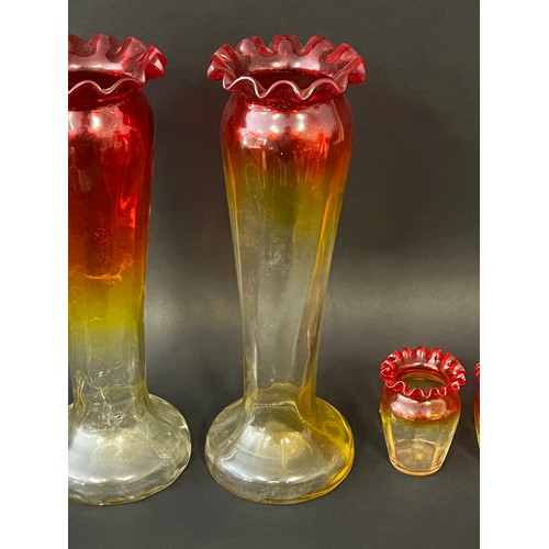 262 - Two pairs of antique French Art Nouveau yellow and red glass vases, approx 32cm H and smaller (4)