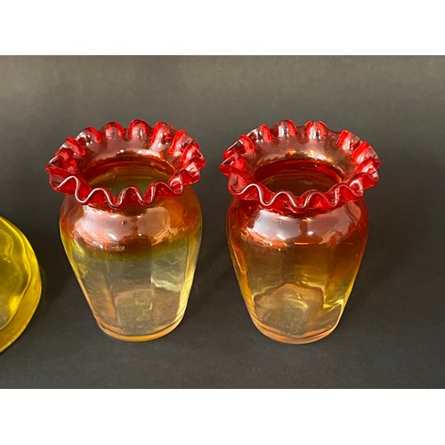 262 - Two pairs of antique French Art Nouveau yellow and red glass vases, approx 32cm H and smaller (4)