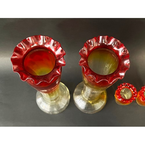 262 - Two pairs of antique French Art Nouveau yellow and red glass vases, approx 32cm H and smaller (4)