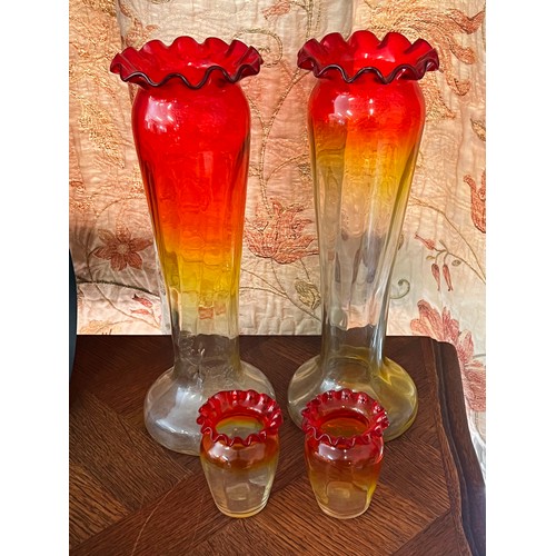 262 - Two pairs of antique French Art Nouveau yellow and red glass vases, approx 32cm H and smaller (4)