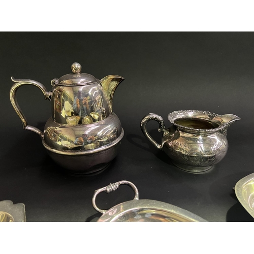 264 - Assortment of silver plate to include trays, jug and hot water jug, approx 16cm H and shorter