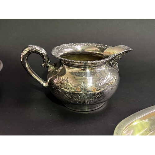 264 - Assortment of silver plate to include trays, jug and hot water jug, approx 16cm H and shorter