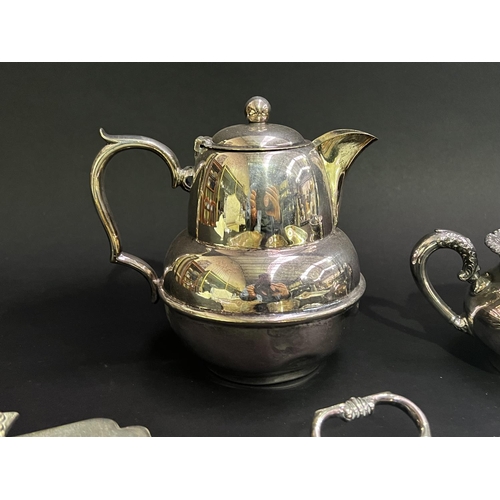 264 - Assortment of silver plate to include trays, jug and hot water jug, approx 16cm H and shorter