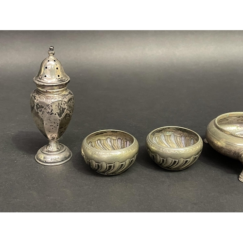 296 - Selection of antique silver and silver plate to include two pairs of Silver plate salts, pair of Vic... 