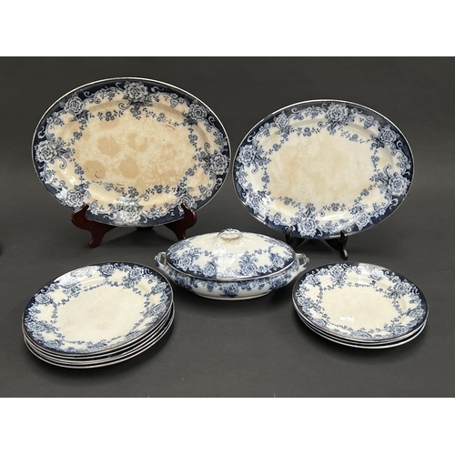 241 - Myott blue and white tureens, platters and plates, approx 38cm W and smaller