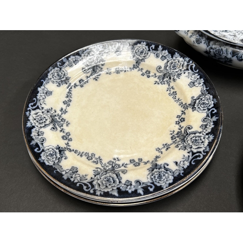 241 - Myott blue and white tureens, platters and plates, approx 38cm W and smaller