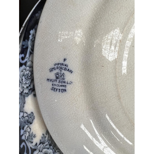 241 - Myott blue and white tureens, platters and plates, approx 38cm W and smaller