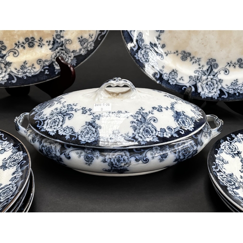 241 - Myott blue and white tureens, platters and plates, approx 38cm W and smaller