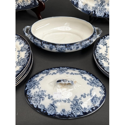 241 - Myott blue and white tureens, platters and plates, approx 38cm W and smaller