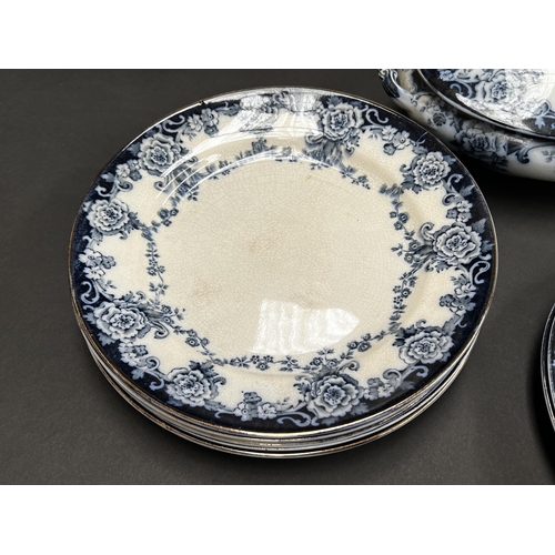 241 - Myott blue and white tureens, platters and plates, approx 38cm W and smaller