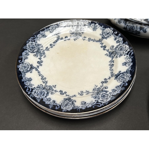 241 - Myott blue and white tureens, platters and plates, approx 38cm W and smaller