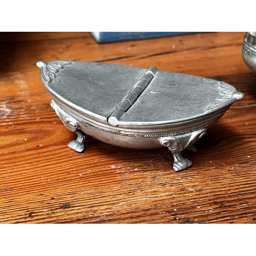 265 - Two antique pewter trinket boxes with a modern example, approx 12cm W and smaller