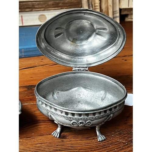 265 - Two antique pewter trinket boxes with a modern example, approx 12cm W and smaller