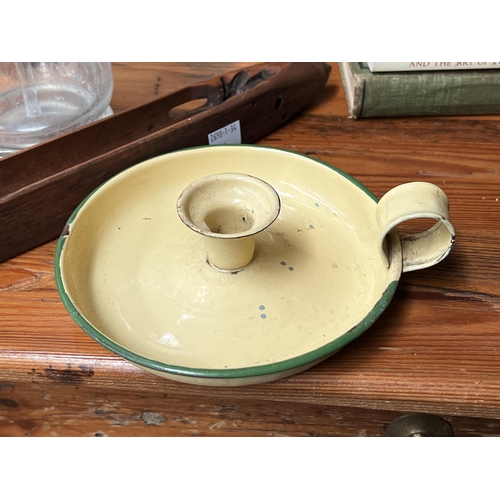 267 - Enamel Wee Willy candle holder, Antique wooden loom shuttle and a Schweppes soda syphon, approx 31cm... 