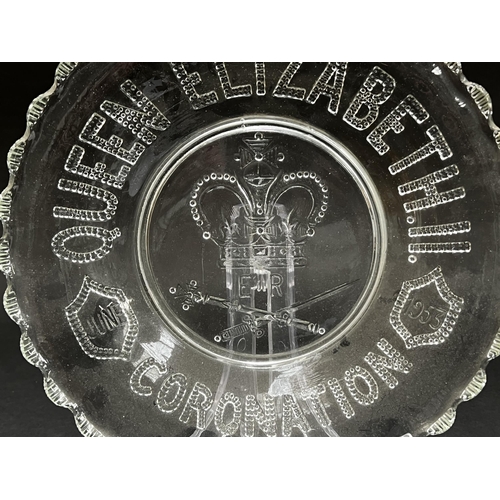 272 - Queen Elizabeth coronation glass plate 1953, approx 26cm Dia