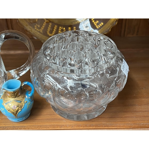 273 - Crytsal jug, vase with frog insert and a milk glass jug, approx 14cm H and shorter (3)