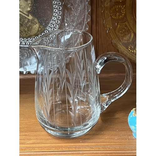 273 - Crytsal jug, vase with frog insert and a milk glass jug, approx 14cm H and shorter (3)