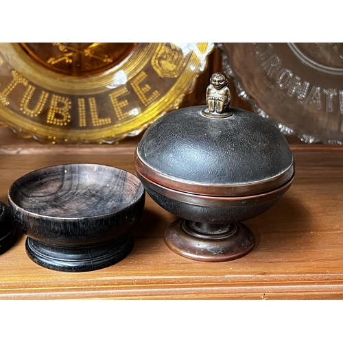 274 - Tortoise shell lidded jar, a pair of ebony candlesticks and bowl, approx 14cm H and shorter